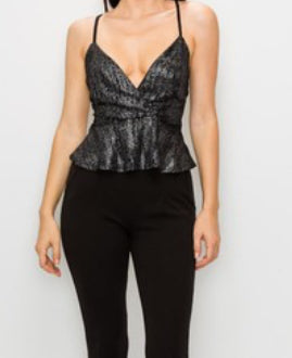 Side twist peplum metallic stretch knit  tank top