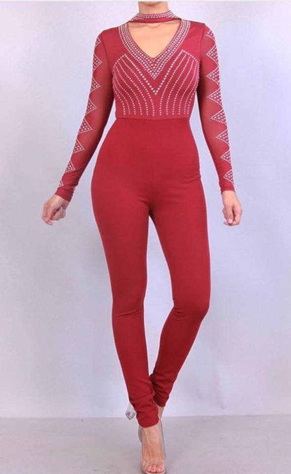 Solid Mesh Long Sleeve Studded Jumpsuit