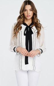 Long Sleeve Ruffle Detail Top with Contrast Tie