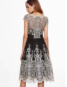 Contrast Fit And Flare Embroidered Mesh Dress