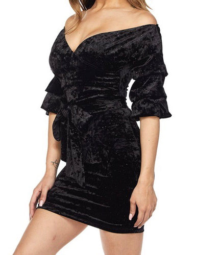 Off Shoulder Velvet Dress With Waist Tie