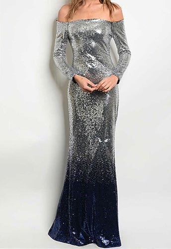 Off Shoulder Long Sleeve Full Sequins Maxi Dress